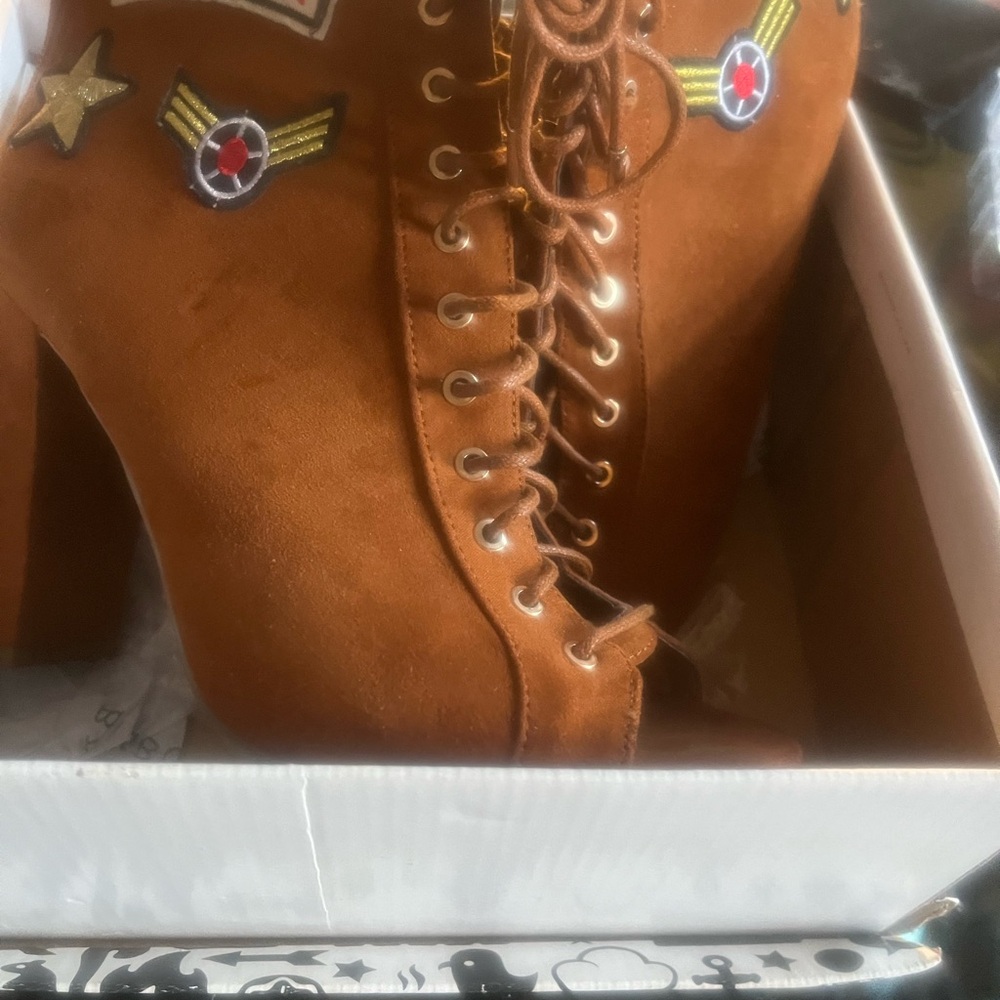 BAMBOO Tan Lace-Up Boots with Embroidered Patches